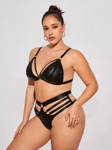 大碼PU皮革背帶內衣套裝 - 黑色 - 查看 3