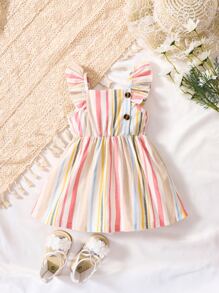 嬰兒條紋圖案荷葉邊前紐扣連衣裙 - 彩色 - 查看 1