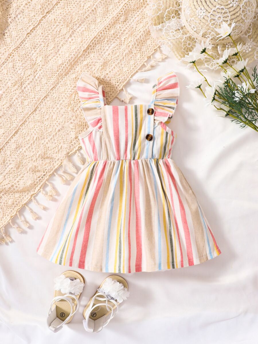 嬰兒條紋圖案荷葉邊前紐扣連衣裙 - 彩色 - 查看 1
