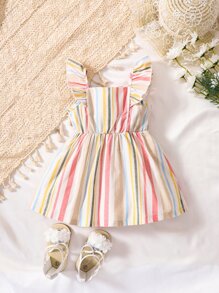 嬰兒條紋圖案荷葉邊前紐扣連衣裙 - 彩色 - 查看 2