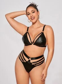 大碼PU皮革背帶內衣套裝 - 黑色 - 查看 4