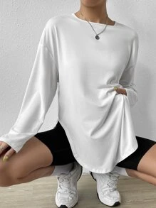 SHEIN EZwear Áo thun nữ Bất đối xứng màu trơn Giải trí - trắng - Xem 1