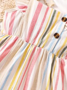 嬰兒條紋圖案荷葉邊前紐扣連衣裙 - 彩色 - 查看 3