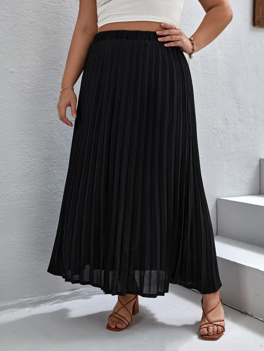 SHEIN VCAY Plus High Waist Pleated Skirt - Black - View 1
