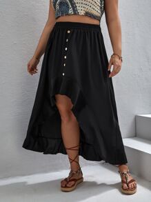 SHEIN VCAY 大碼荷葉邊高低下擺半身裙 - 黑色 - 查看 4