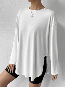 SHEIN EZwear Áo thun nữ Bất đối xứng màu trơn Giải trí - trắng - Xem 3