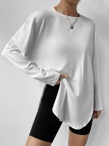 SHEIN EZwear Áo thun nữ Bất đối xứng màu trơn Giải trí - trắng - Xem 4