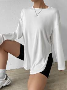 SHEIN EZwear Áo thun nữ Bất đối xứng màu trơn Giải trí - trắng - Xem 5