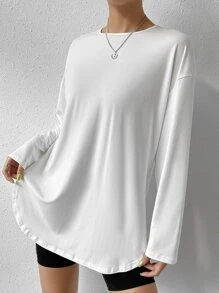 SHEIN EZwear Áo thun nữ Bất đối xứng màu trơn Giải trí - trắng - Xem 6