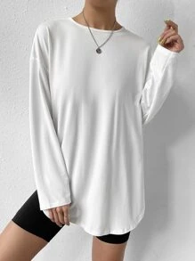 SHEIN EZwear Áo thun nữ Bất đối xứng màu trơn Giải trí - trắng - Xem 7