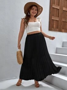 SHEIN VCAY Plus High Waist Pleated Skirt - Black - View 5