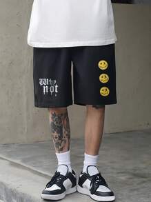 Manfinity Roghcode Men's Loose Fit Letter & Expression Printed Shorts With Drawstring Waist - Black - View 1