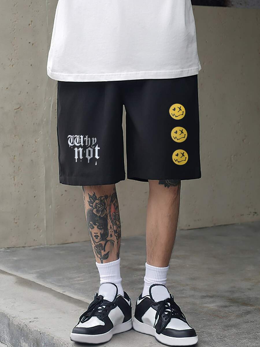 Manfinity Roghcode Men's Loose Fit Letter & Expression Printed Shorts With Drawstring Waist - Black - View 1