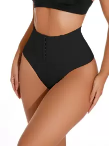Women Black High Waisted Shapewear Thong Rib Knit Stretch Underwear - Black - View 3