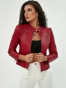 Vintage Multi Pockets Zip Up PU Leather Biker Jacket - Red - View 1