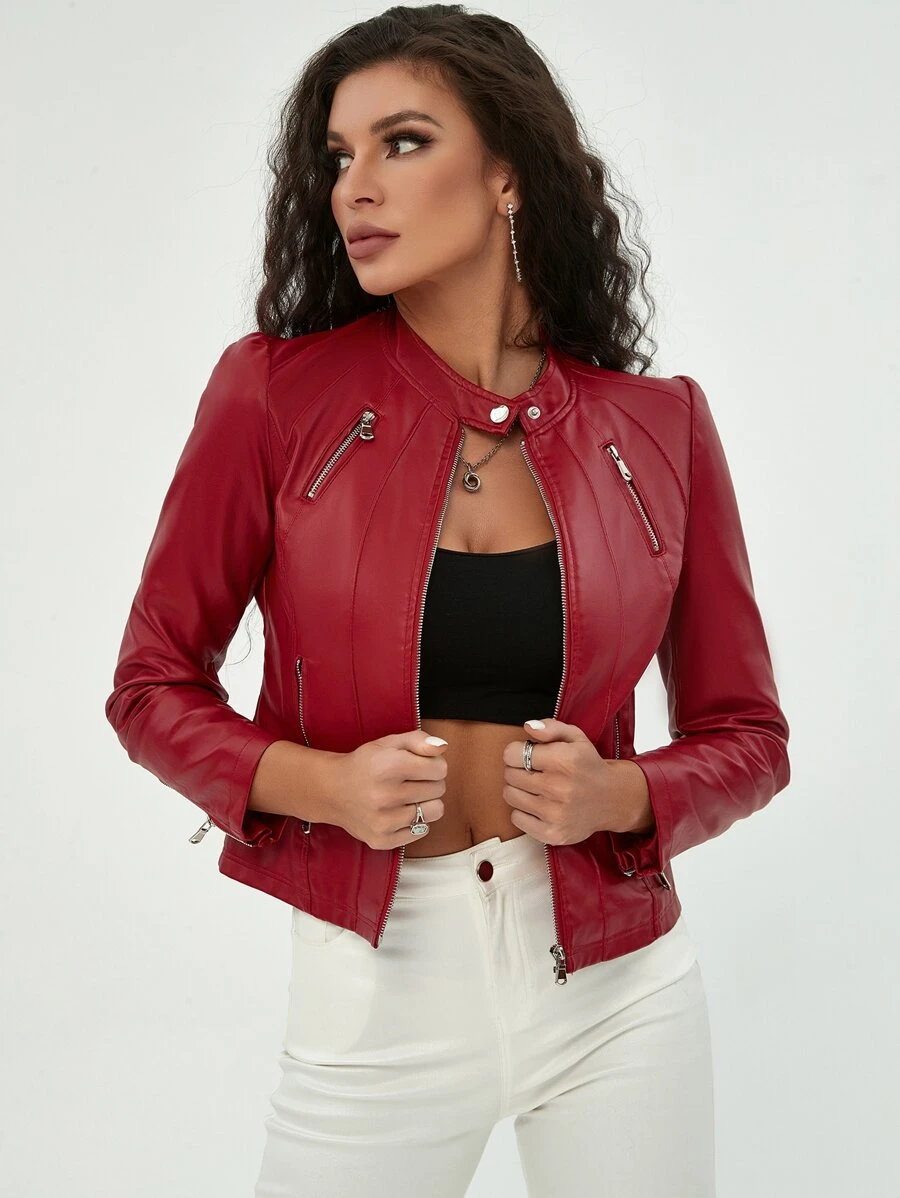 Vintage Multi Pockets Zip Up PU Leather Biker Jacket - Red - View 1