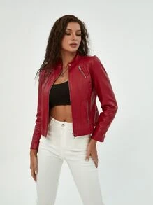Vintage Multi Pockets Zip Up PU Leather Biker Jacket - Red - View 3