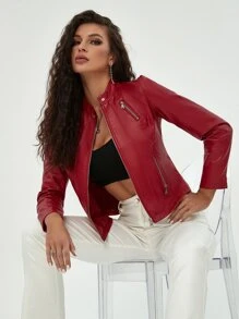 Vintage Multi Pockets Zip Up PU Leather Biker Jacket - Red - View 5