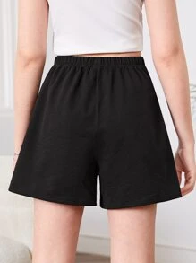 SHEIN 青少年女孩字母圖案斜口袋短褲 - 黑色 - 查看 2