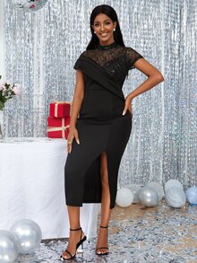 Contrast Lace Bodycon Dress - Black - View 6