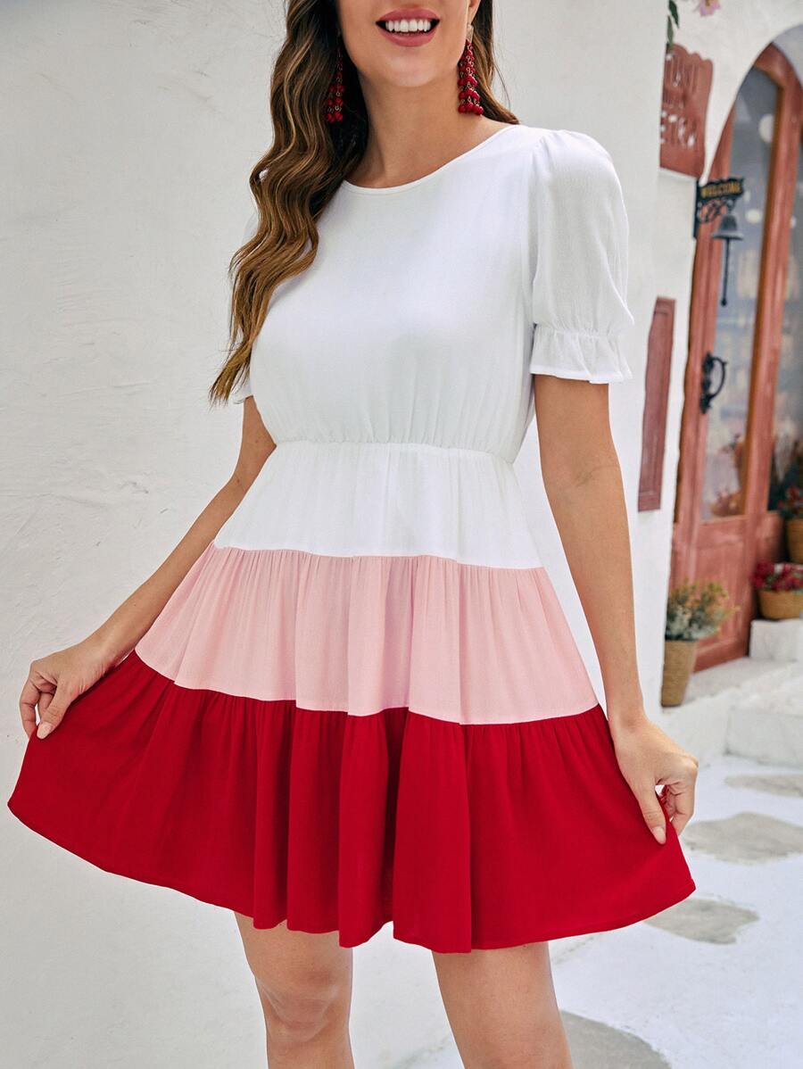 SHEIN LUNE 1pc Colourblock Puff Sleeve Ruffle Hem Dress - Red - View 1