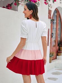 SHEIN LUNE 1pc Colourblock Puff Sleeve Ruffle Hem Dress - Red - View 2