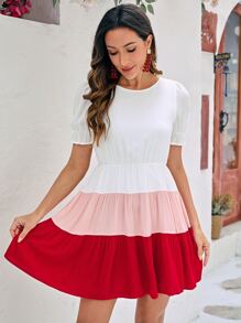 SHEIN LUNE 1pc Colourblock Puff Sleeve Ruffle Hem Dress - Red - View 4