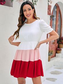 SHEIN LUNE 1pc Colourblock Puff Sleeve Ruffle Hem Dress - Red - View 5