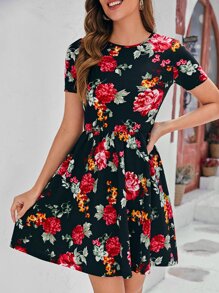 SHEIN Clasi 1pc Floral Print A-Line Dress - Black - View 1