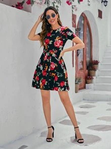 SHEIN Clasi 1pc Floral Print A-Line Dress - Black - View 4