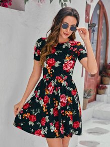 SHEIN Clasi 1pc Floral Print A-Line Dress - Black - View 5