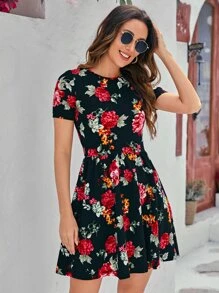SHEIN Clasi 1pc Floral Print A-Line Dress - Black - View 6