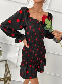 Chiquease Vestido con estampado de corazón de manga con volante bajo con fruncido - Negro - Ver 3