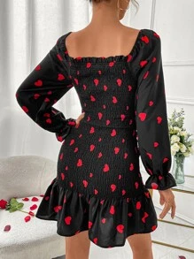 Chiquease Vestido con estampado de corazón de manga con volante bajo con fruncido - Negro - Ver 2