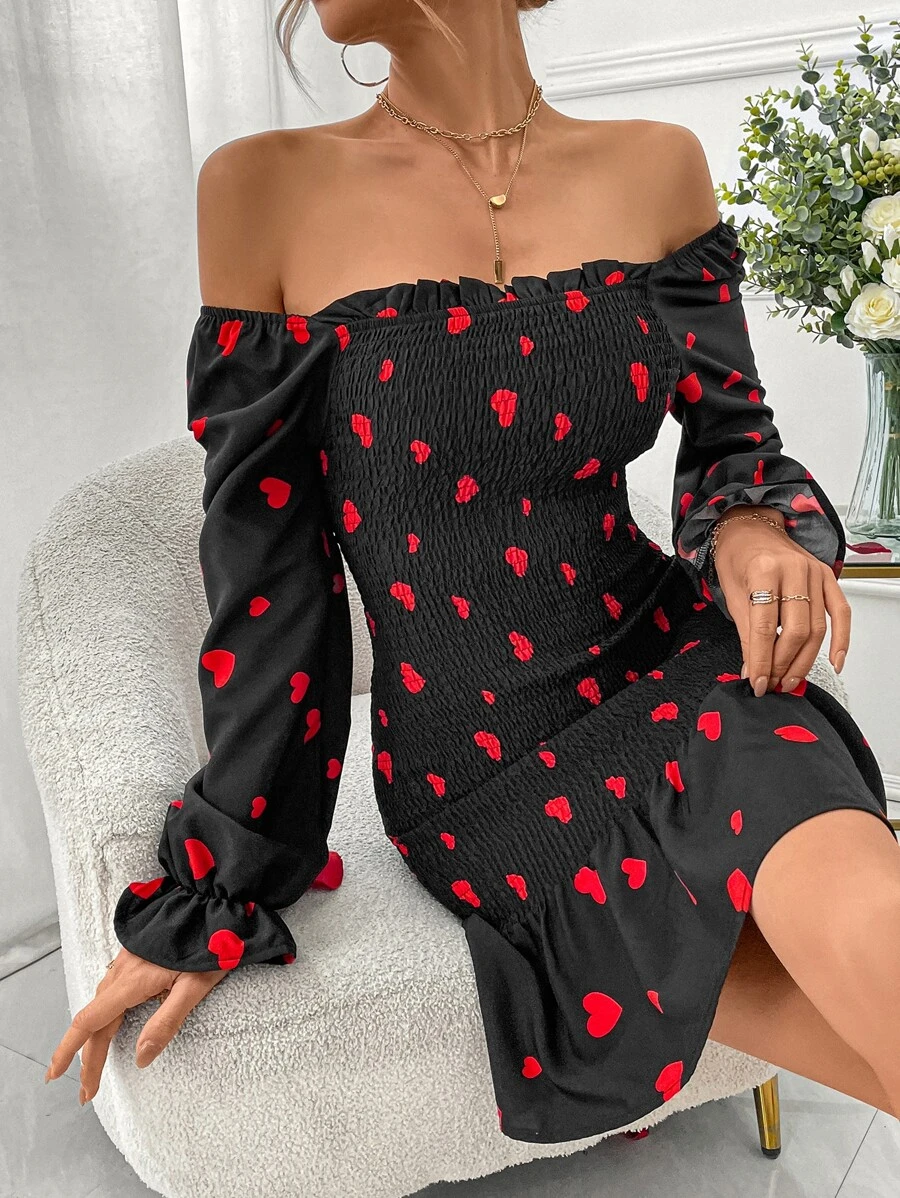 Chiquease Vestido con estampado de corazón de manga con volante bajo con fruncido - Negro - Ver 1