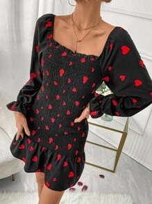 Chiquease Vestido con estampado de corazón de manga con volante bajo con fruncido - Negro - Ver 4