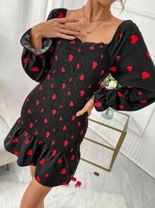 Chiquease Vestido con estampado de corazón de manga con volante bajo con fruncido - Negro - Ver 5