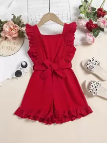 小女童拼接網眼刺繡荷葉邊腰帶連身短褲 - 紅色 - 查看 1