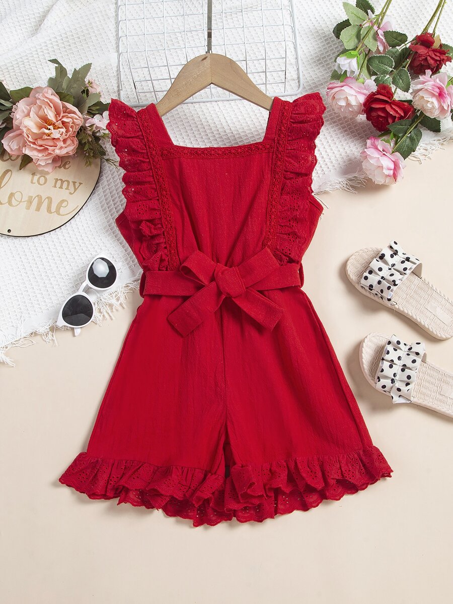 小女童拼接網眼刺繡荷葉邊腰帶連身短褲 - 紅色 - 查看 1