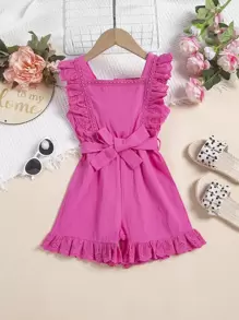 Toddler Girls Contrast Eyelet Embroidery Ruffle Trim Belted Romper - Hot Pink - View 1