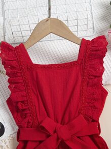 小女童拼接網眼刺繡荷葉邊腰帶連身短褲 - 紅色 - 查看 3