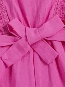 Toddler Girls Contrast Eyelet Embroidery Ruffle Trim Belted Romper - Hot Pink - View 3