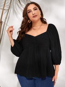 SHEIN VCAY Plus Sweetheart Neck Ruched Front Lantern Sleeve Peplum Top - Black - View 1