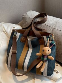 1pc Striped & Colorblock Fashionable Canvas Tote Bag With Large Capacity, With Pendant, Suitable For School & Daily Use Shoulder Bag Vintage,Casual Color Contrast For Woman,For Girl Gift Bag,Outdoors, Travel, Outings,Back To School,Shopping,Holiday,Beach, Street & Japanese Style Women Bag - Multicolor - View 1