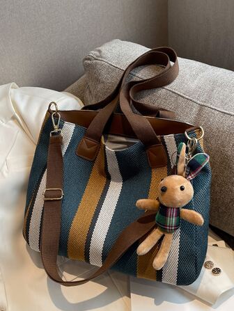 1pc Striped & Colorblock Fashionable Canvas Tote Bag With Large Capacity, With Pendant, Suitable For School & Daily Use Shoulder Bag Vintage,Casual Color Contrast For Woman,For Girl Gift Bag,Outdoors, Travel, Outings,Back To School,Shopping,Holiday,Beach, Street & Japanese Style Women Bag