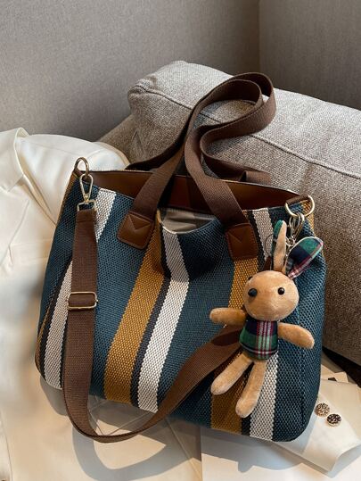 1pc Striped & Colorblock Fashionable Canvas Tote Bag With Large Capacity, With Pendant, Suitable For School & Daily Use Shoulder Bag Vintage,Casual Color Contrast For Woman,For Girl Gift Bag,Outdoors, Travel, Outings,Back To School,Shopping,Holiday,Beach, Street & Japanese Style Women Bag