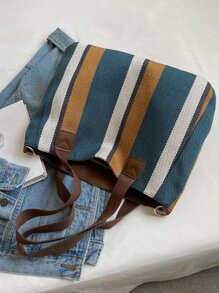 1pc Striped & Colorblock Fashionable Canvas Tote Bag With Large Capacity, With Pendant, Suitable For School & Daily Use Shoulder Bag Vintage,Casual Color Contrast For Woman,For Girl Gift Bag,Outdoors, Travel, Outings,Back To School,Shopping,Holiday,Beach, Street & Japanese Style Women Bag - Multicolor - View 2