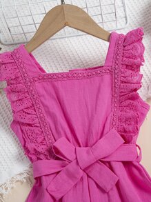 Toddler Girls Contrast Eyelet Embroidery Ruffle Trim Belted Romper - Hot Pink - View 5