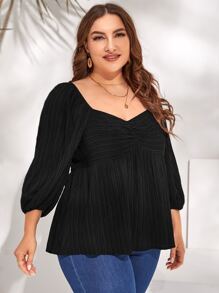 SHEIN VCAY Plus Sweetheart Neck Ruched Front Lantern Sleeve Peplum Top - Black - View 4