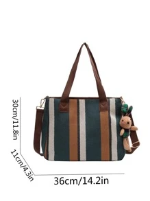 1pc Striped & Colorblock Fashionable Canvas Tote Bag With Large Capacity, With Pendant, Suitable For School & Daily Use Shoulder Bag Vintage,Casual Color Contrast For Woman,For Girl Gift Bag,Outdoors, Travel, Outings,Back To School,Shopping,Holiday,Beach, Street & Japanese Style Women Bag - Multicolor - View 3
